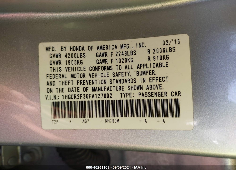 2015 HONDA ACCORD LX VIN: 1HGCR2F36FA127002