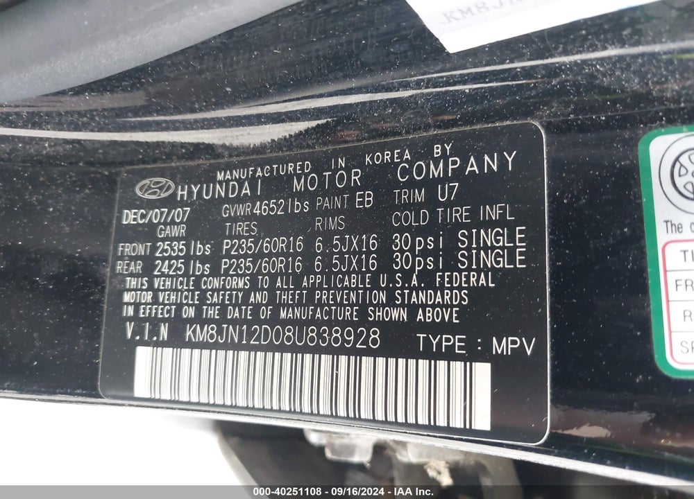 2008 HYUNDAI TUCSON LIMITED V6/SE VIN: KM8JN12D08U838928