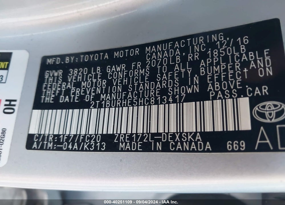 2017 TOYOTA COROLLA SE VIN: 2T1BURHE5HC813417