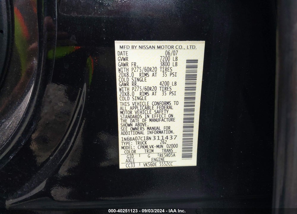 2008 NISSAN TITAN LE VIN: 1N6BA07C18N311437
