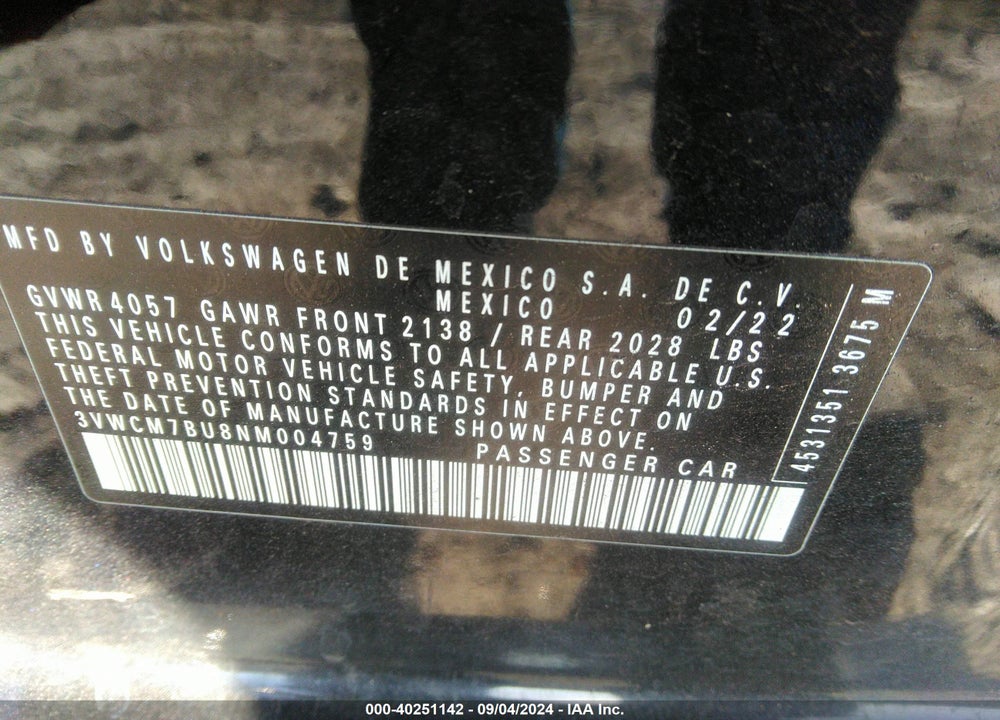 2022 VOLKSWAGEN JETTA 1.5T S VIN: 3VWCM7BU8NM004759