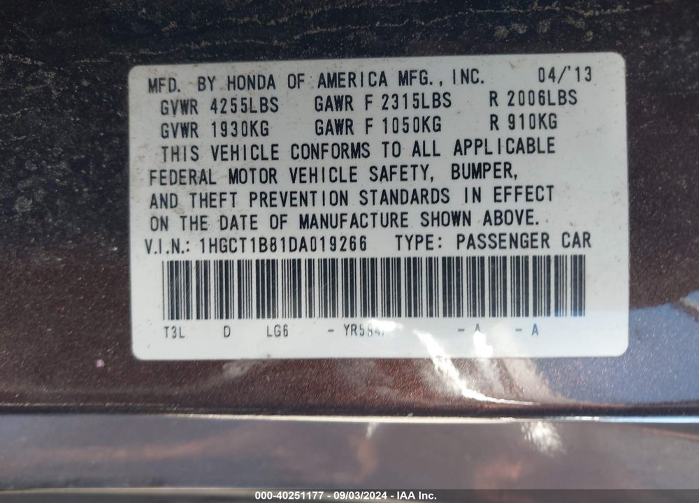 2013 HONDA ACCORD EX-L VIN: 1HGCT1B81DA019266