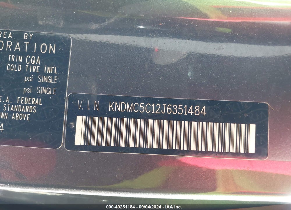 2018 KIA SEDONA VIN: KNDMC5C12J6351484