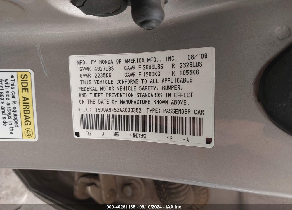 2010 ACURA TL 3.7 VIN: 19UUA9F53AA000352