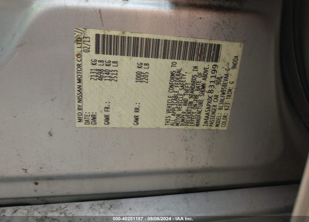 2013 NISSAN MAXIMA 3.5 SV VIN: 1N4AA5APXDC831199