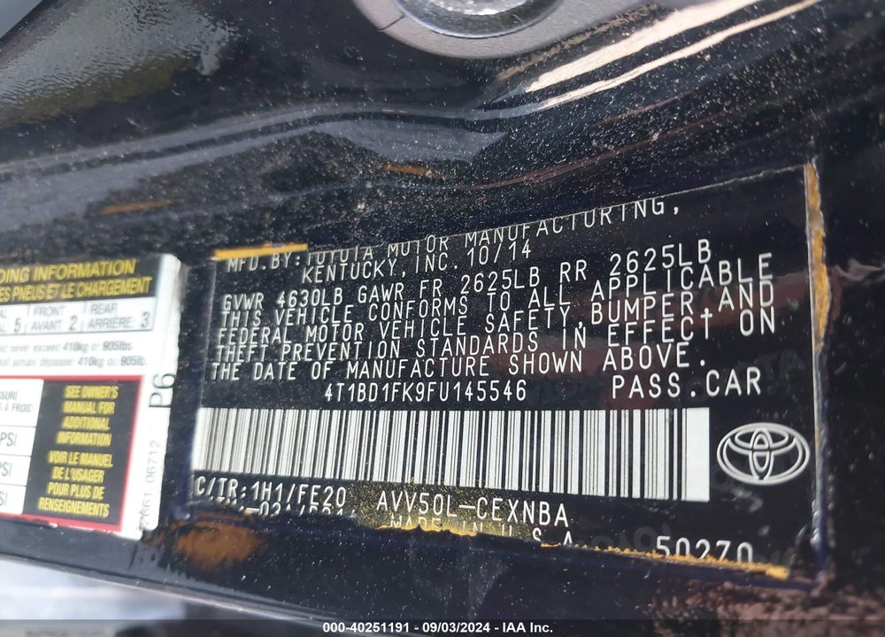 2015 TOYOTA CAMRY HYBRID LE VIN: 4T1BD1FK9FU145546