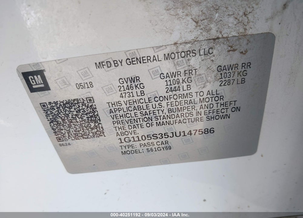 2018 CHEVROLET IMPALA 1LT VIN: 1G1105S35JU147586
