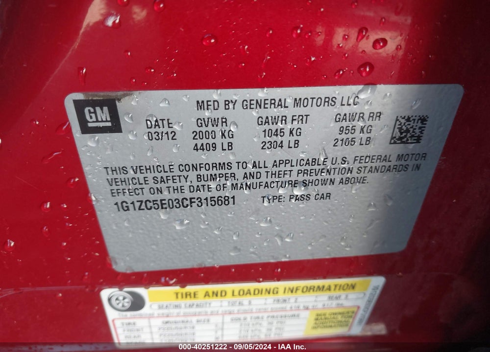 2012 CHEVROLET MALIBU 1LT VIN: 1G1ZC5E03CF315681