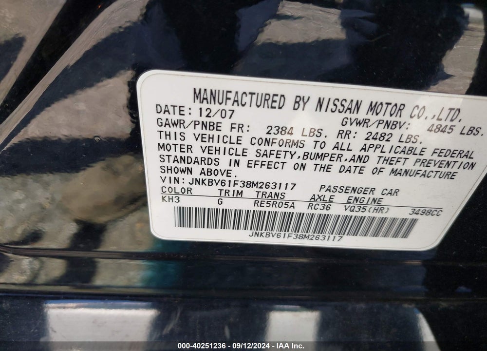 2008 INFINITI G35X VIN: JNKBV61F38M263117