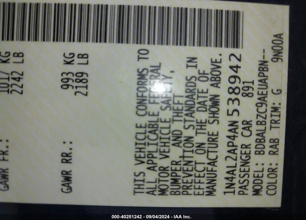 2010 NISSAN ALTIMA VIN: 1N4AL2AP4AN538942