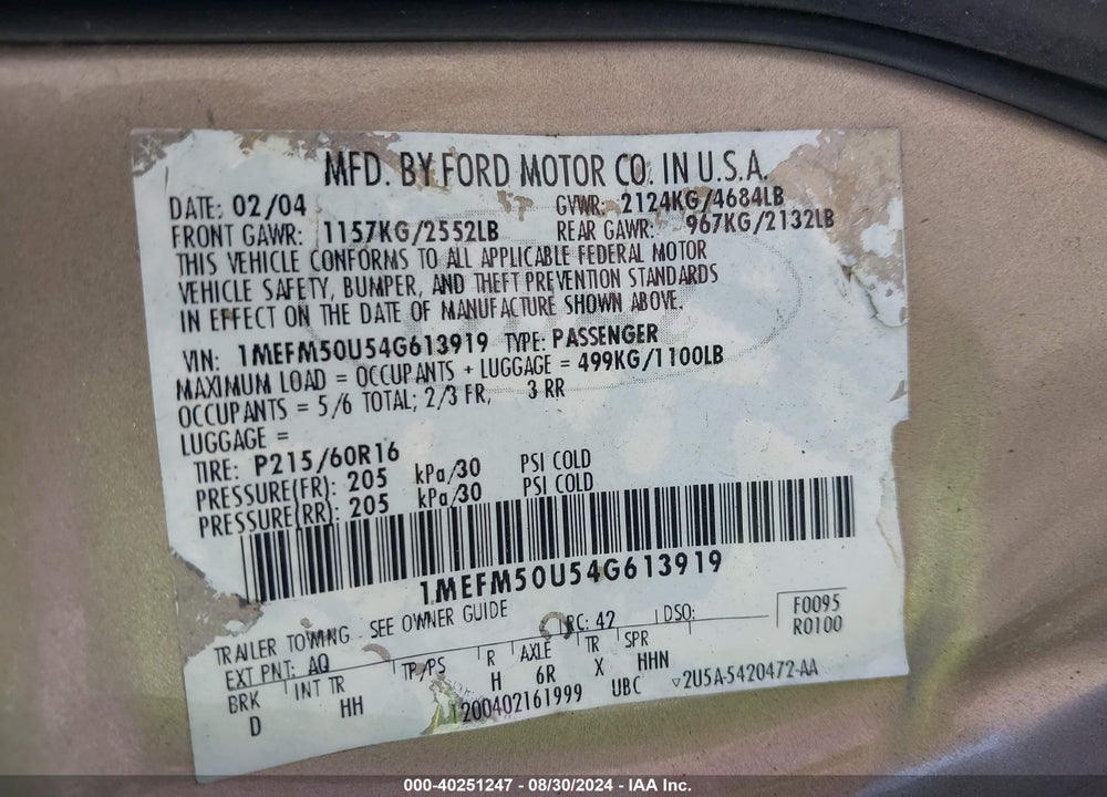 2004 MERCURY SABLE GS VIN: 1MEFM50U54G613919