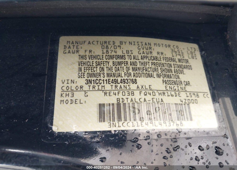 2009 NISSAN VERSA 1.6 VIN: 3N1CC11E49L493768