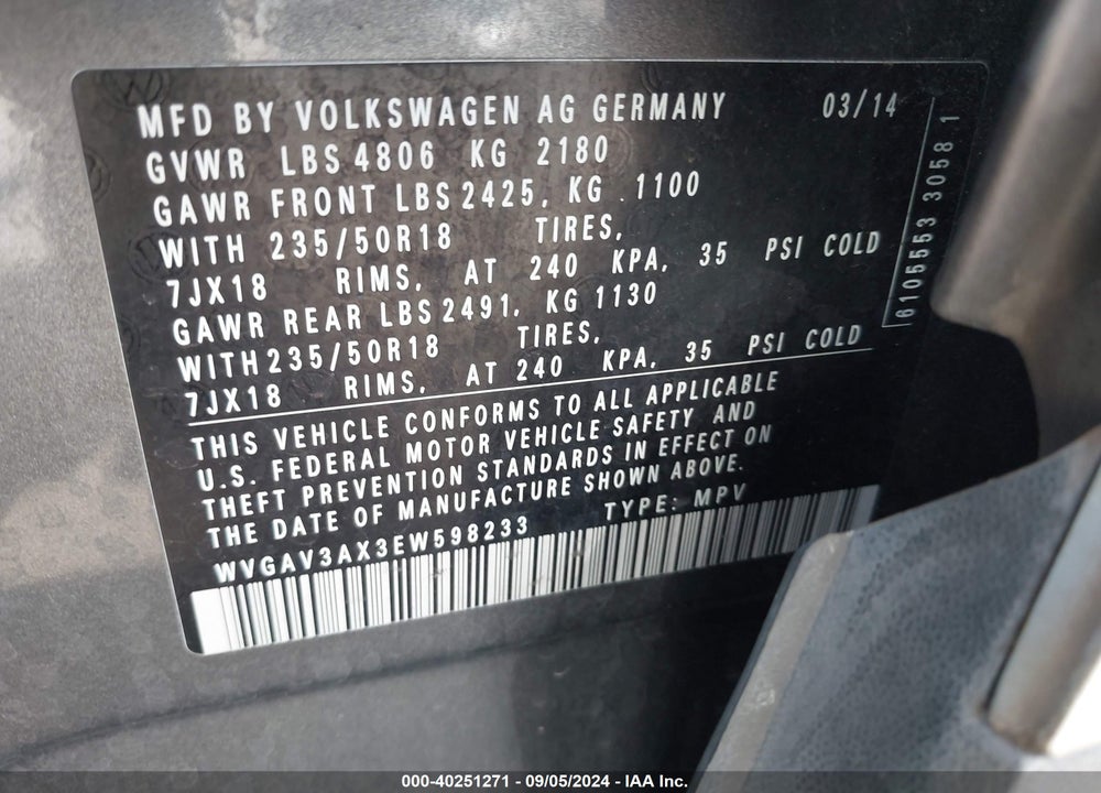 2014 VOLKSWAGEN TIGUAN VIN: WVGAV3AX3EW598233