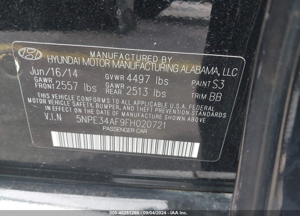 2015 HYUNDAI SONATA VIN: 5NPE34AF9FH020721