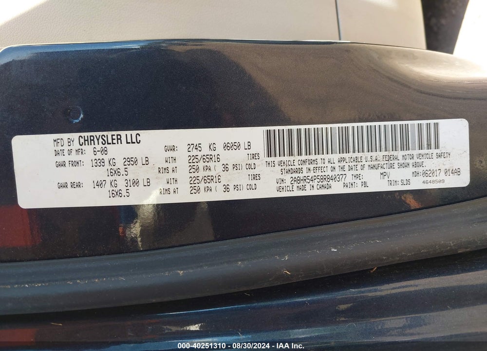 2008 CHRYSLER TOWN & COUNTRY TOURING VIN: 2A8HR54P58R840377