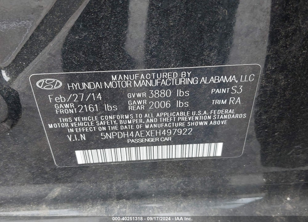 2014 HYUNDAI ELANTRA SE VIN: 5NPDH4AEXEH497922