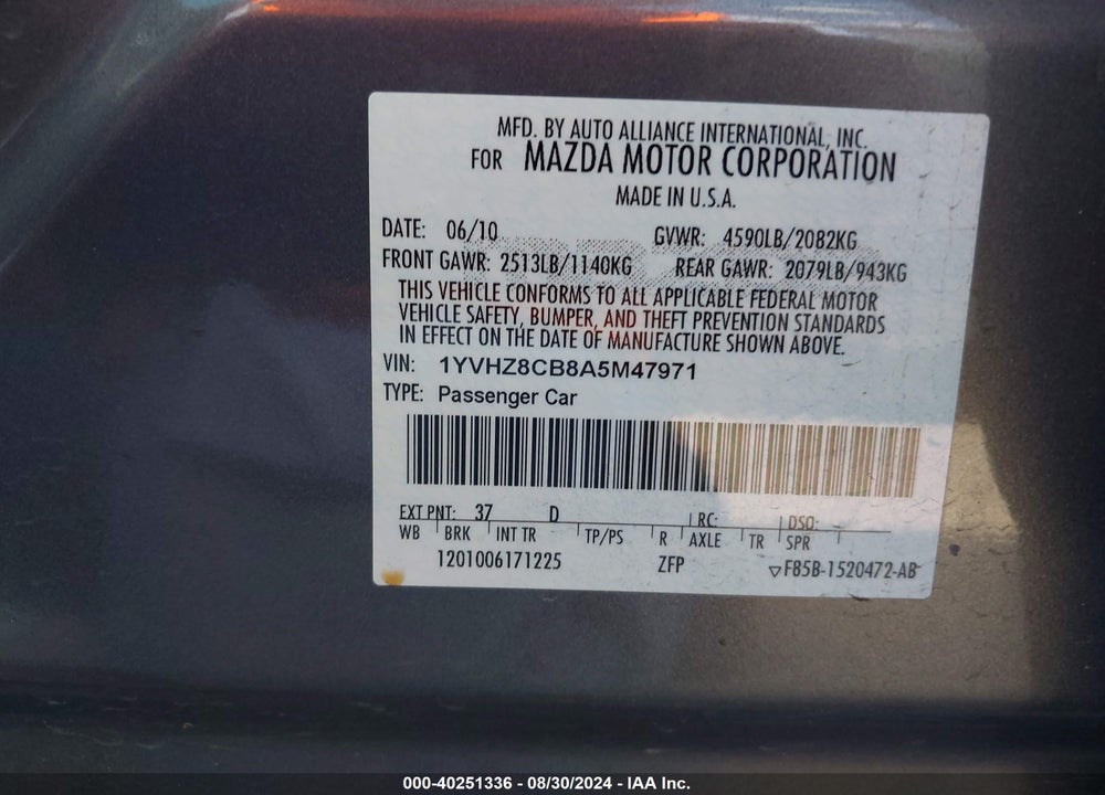2010 MAZDA 6 S GRAND TOURING VIN: 1YVHZ8CB8A5M47971