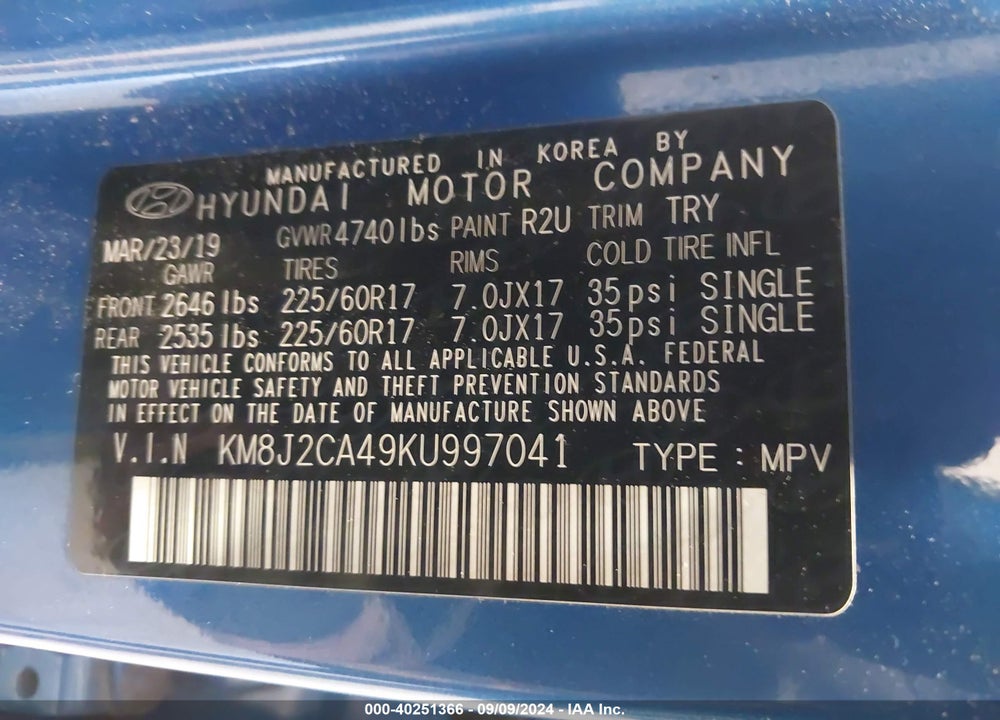 2019 HYUNDAI TUCSON SE VIN: KM8J2CA49KU997041