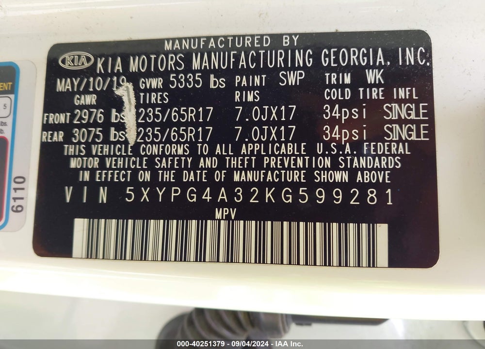 2019 KIA SORENTO 2.4L L VIN: 5XYPG4A32KG599281