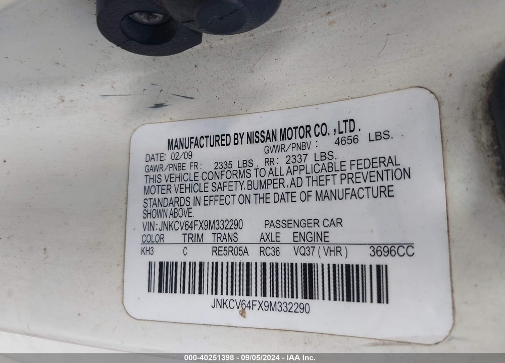 2009 INFINITI G37X VIN: JNKCV64FX9M332290