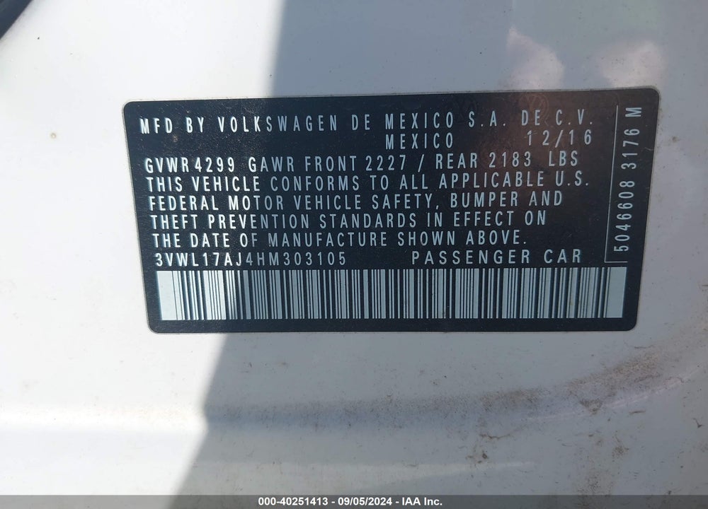 2017 VOLKSWAGEN JETTA 1.8T SEL/1.8T SEL PREMIUM VIN: 3VWL17AJ4HM303105