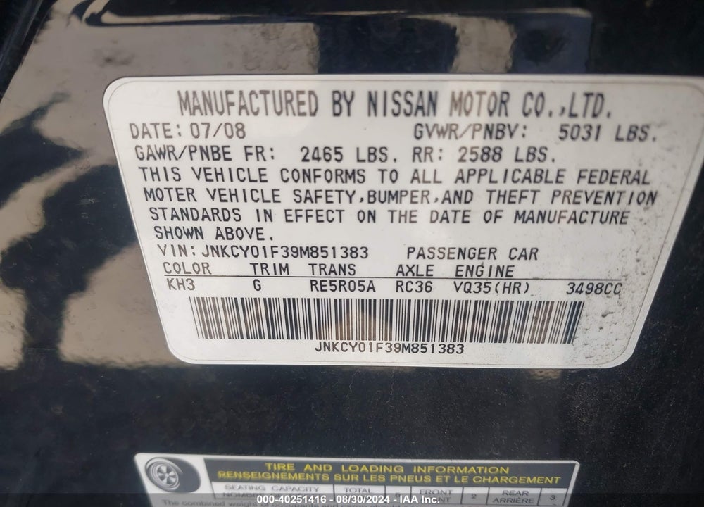 2009 INFINITI M35X VIN: JNKCY01F39M851383