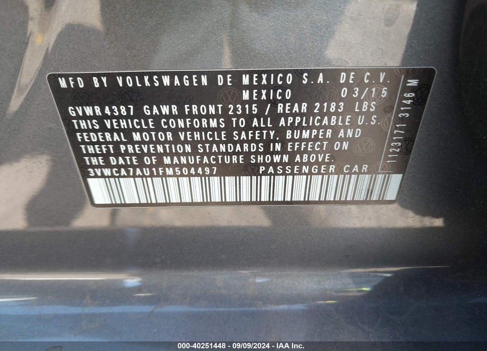 2015 VOLKSWAGEN GOLF SPORTWAGEN TDI SE 4-DOOR VIN: 3VWCA7AU1FM504497