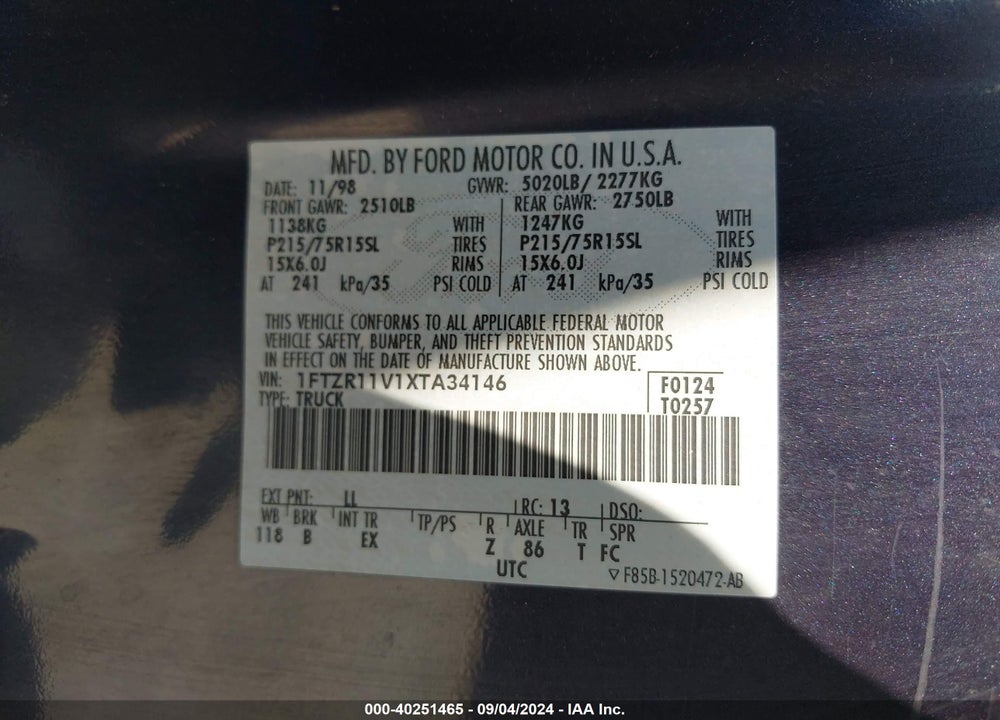 1999 FORD RANGER VIN: 1FTZR11V1XTA34146