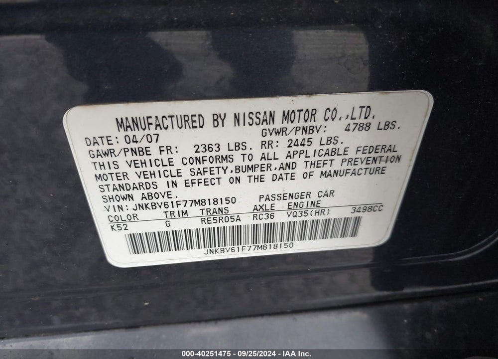 2007 INFINITI G35X VIN: JNKBV61F77M818150