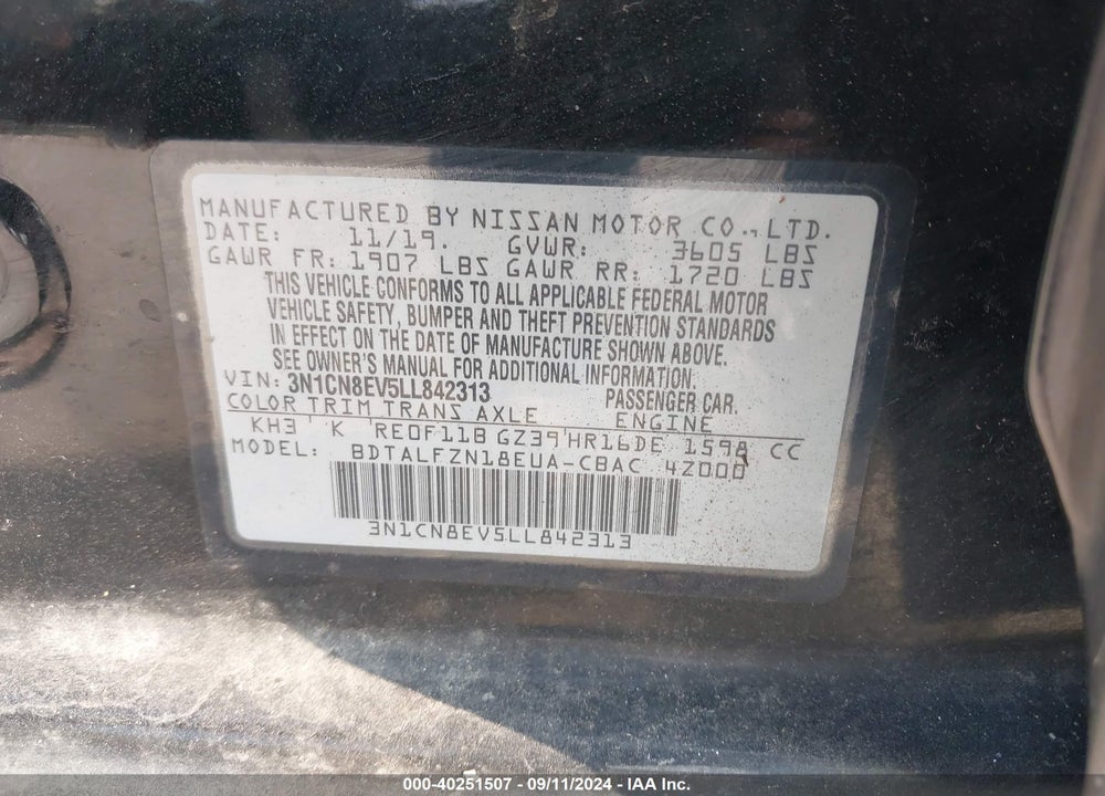 2020 NISSAN VERSA SV XTRONIC CVT VIN: 3N1CN8EV5LL842313