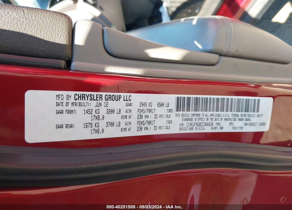 2012 JEEP GRAND CHEROKEE LAREDO VIN: 1C4RJFAG8CC346030