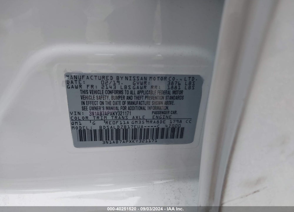 2019 NISSAN SENTRA SV VIN: 3N1AB7APXKY321171