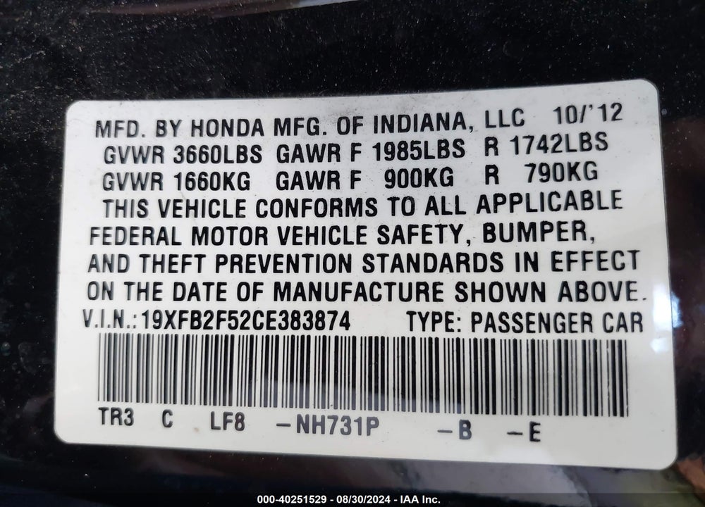 2012 HONDA CIVIC LX VIN: 19XFB2F52CE383874