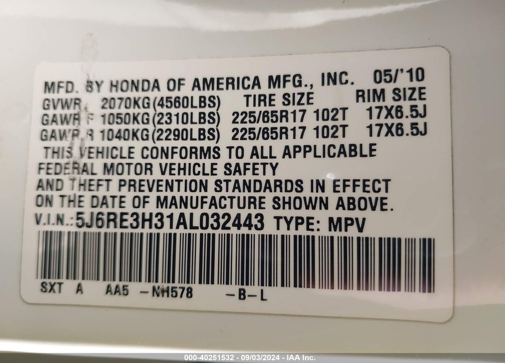 2010 HONDA CR-V LX VIN: 5J6RE3H31AL032443