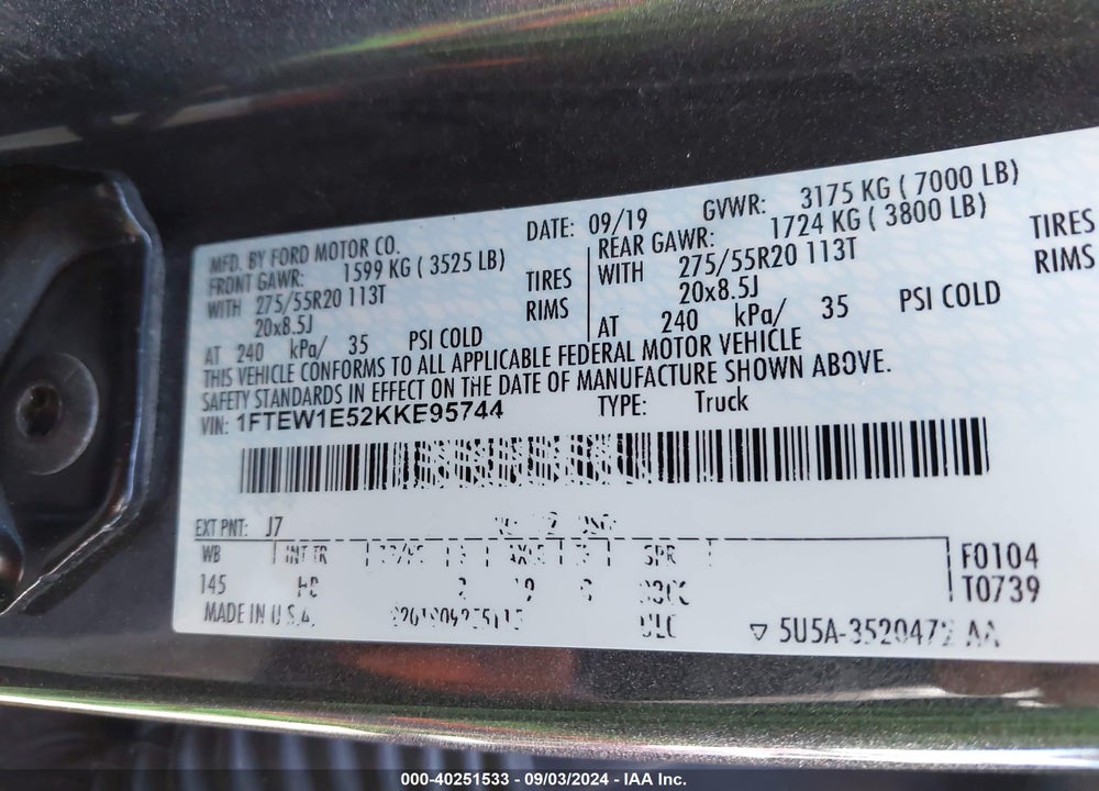 2019 FORD F-150 LARIAT VIN: 1FTEW1E52KKE95744