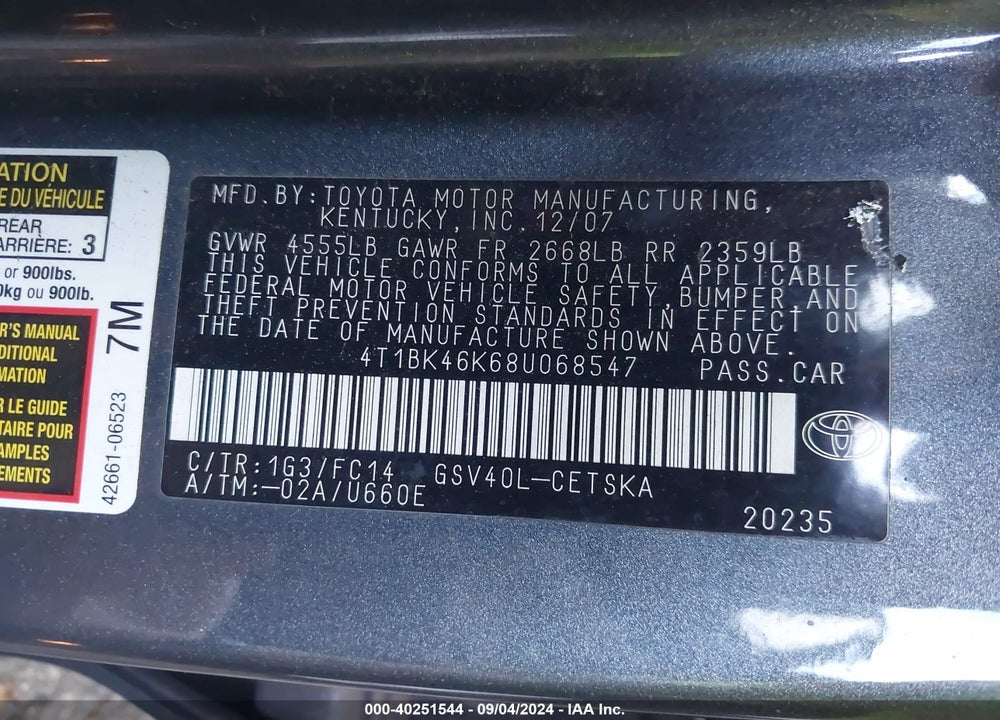 2008 TOYOTA CAMRY SE V6 VIN: 4T1BK46K68U068547