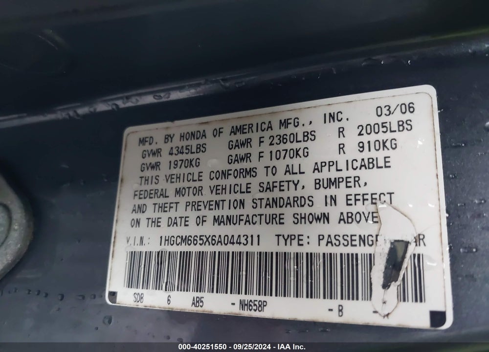 2006 HONDA ACCORD 3.0 EX VIN: 1HGCM665X6A044311