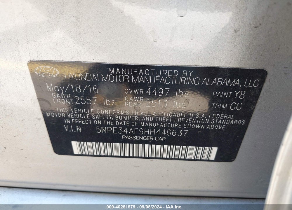 2017 HYUNDAI SONATA SPORT VIN: 5NPE34AF9HH446637