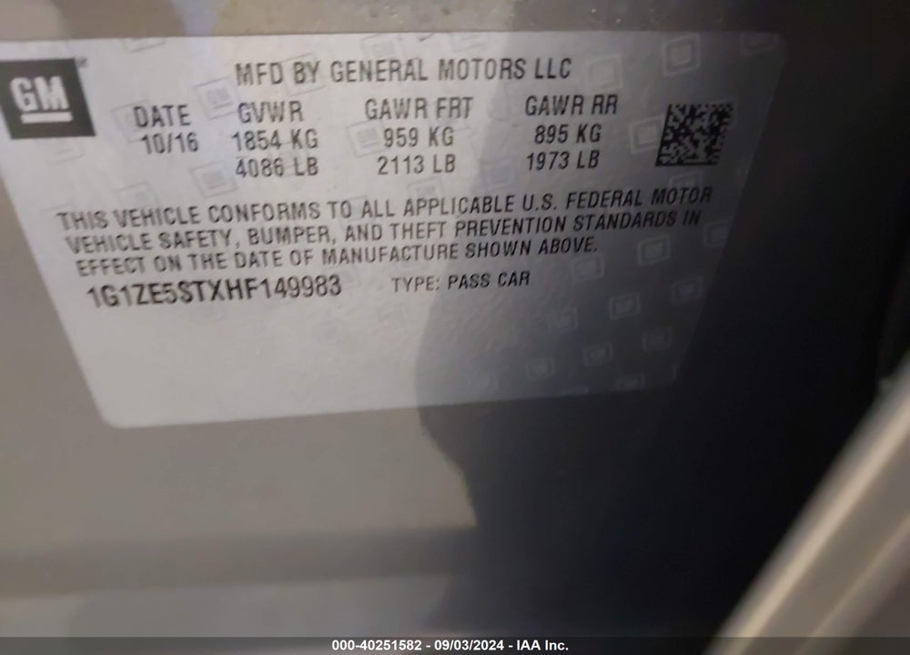 2017 CHEVROLET MALIBU 1LT VIN: 1G1ZE5STXHF149983