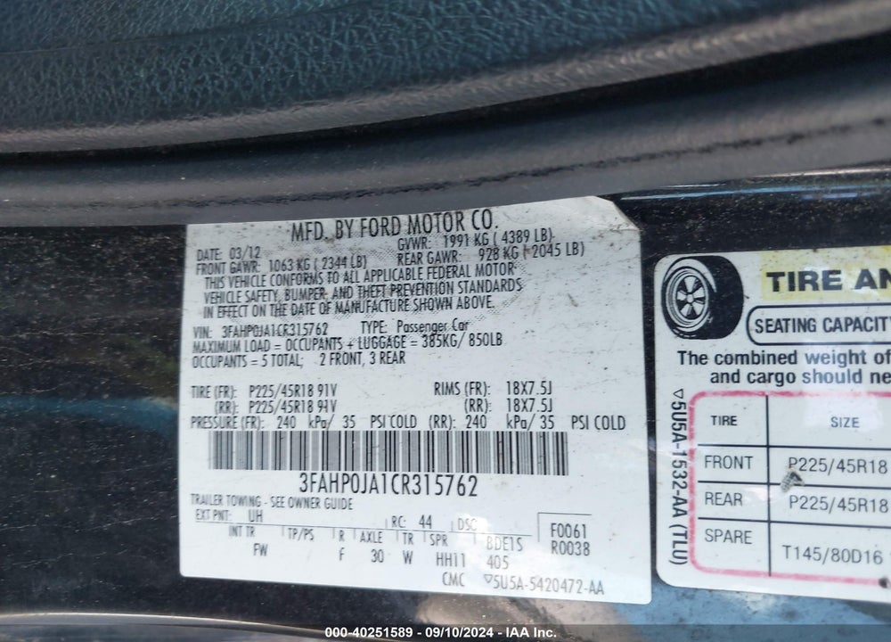 2012 FORD FUSION SEL VIN: 3FAHP0JA1CR315762