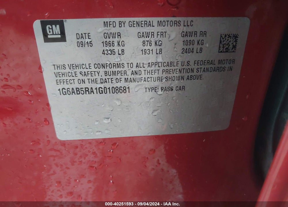 2016 CADILLAC ATS LUXURY COLLECTION VIN: 1G6AB5RA1G0108681