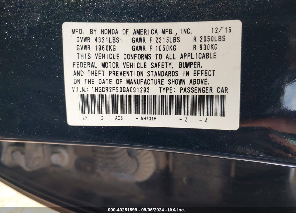 2016 HONDA ACCORD SPORT VIN: 1HGCR2F50GA091293