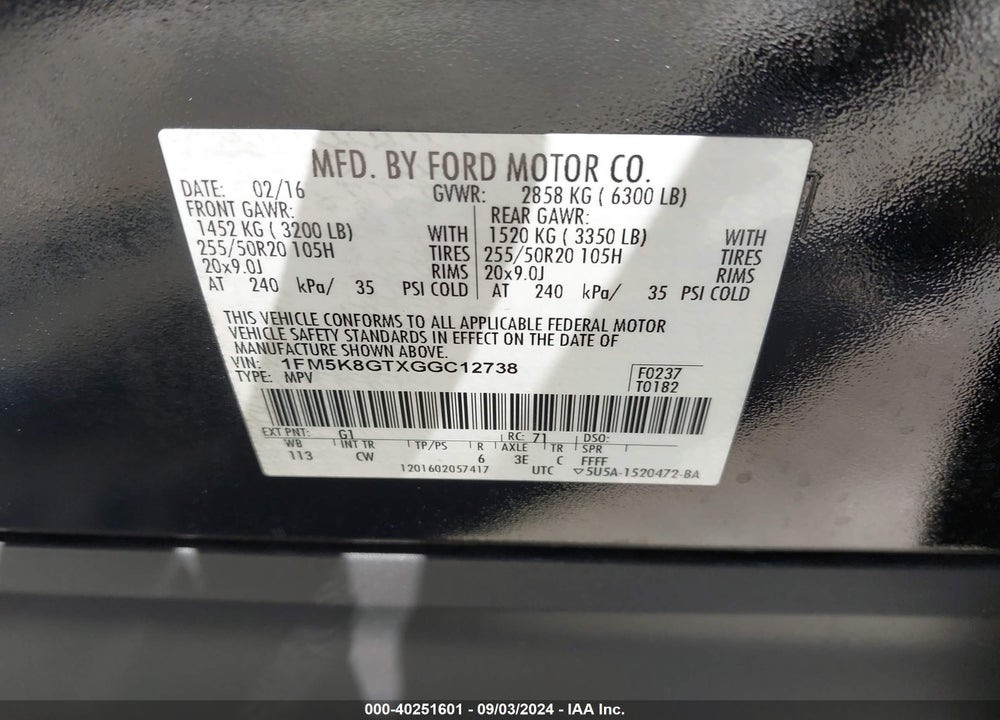2016 FORD EXPLORER SPORT VIN: 1FM5K8GTXGGC12738