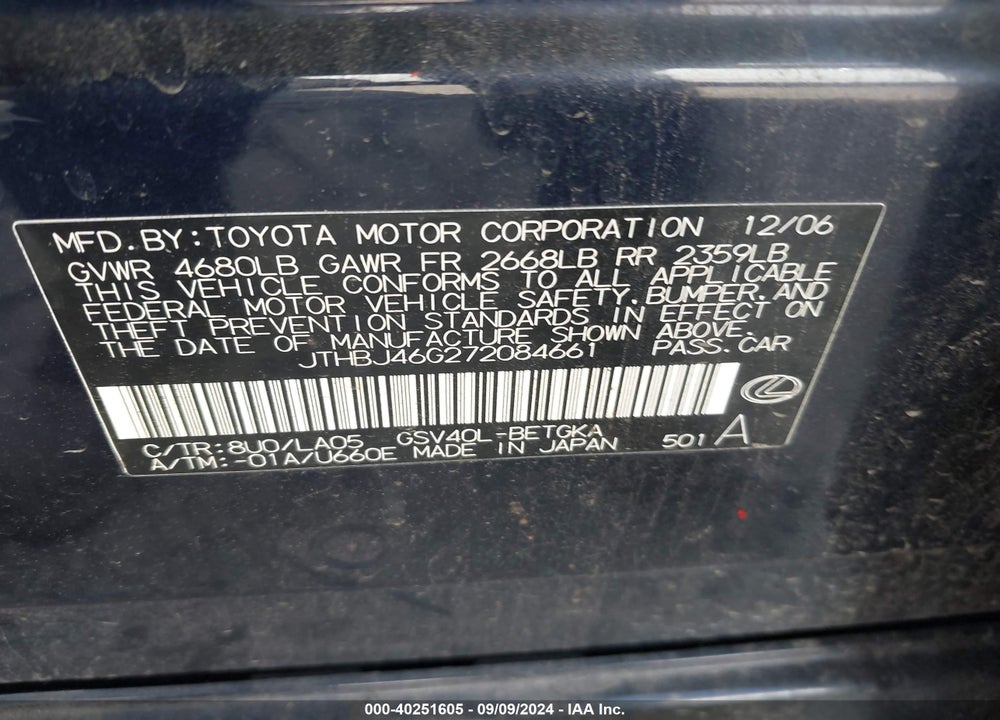 2007 LEXUS ES 350 VIN: JTHBJ46G272084661