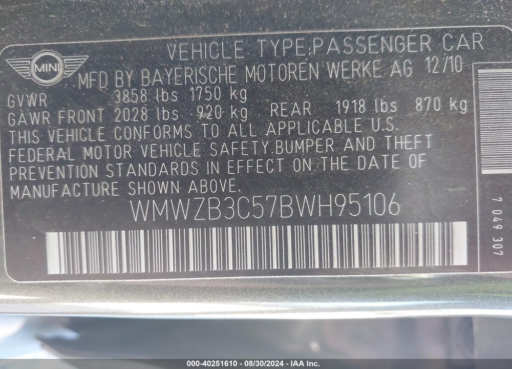 2011 MINI COOPER COUNTRYMAN VIN: WMWZB3C57BWH95106