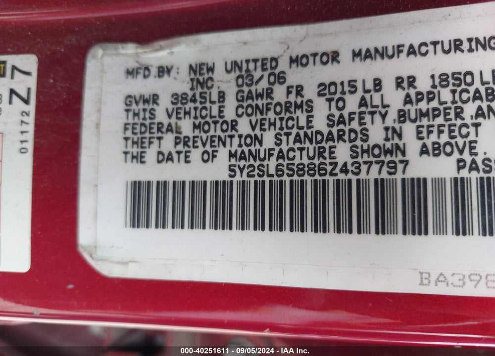 2006 PONTIAC VIBE VIN: 5Y2SL65886Z437797