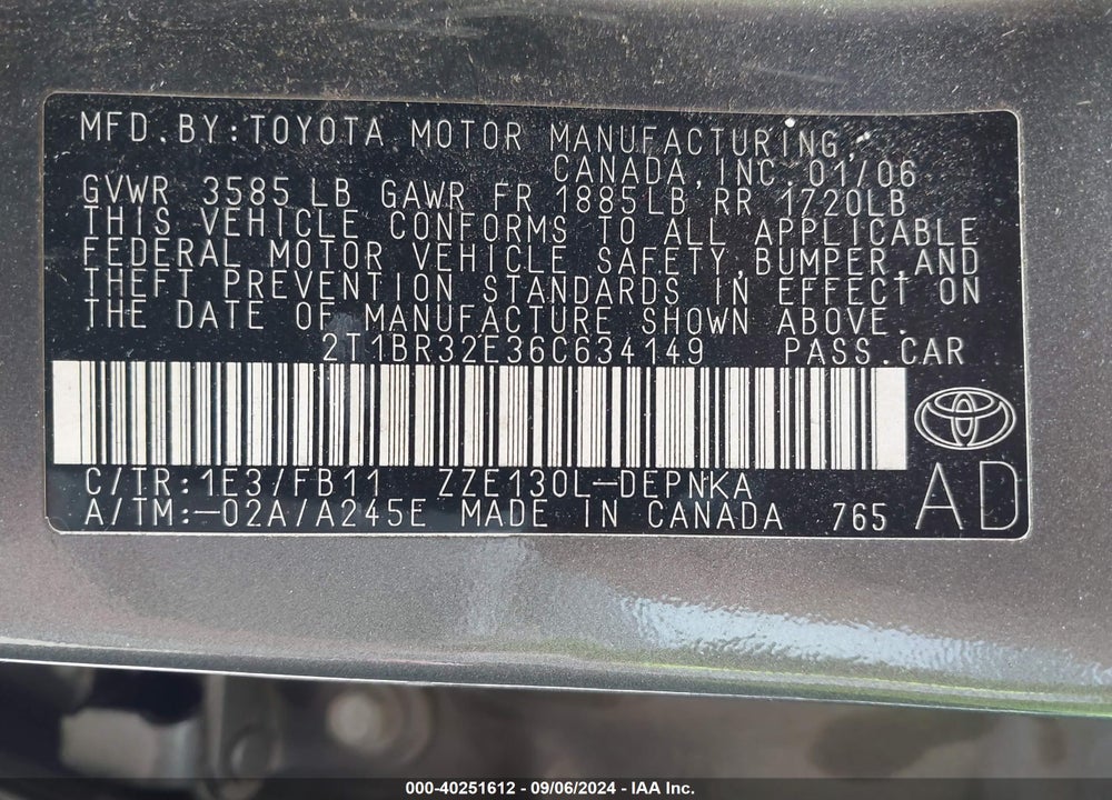 2006 TOYOTA COROLLA LE VIN: 2T1BR32E36C634149