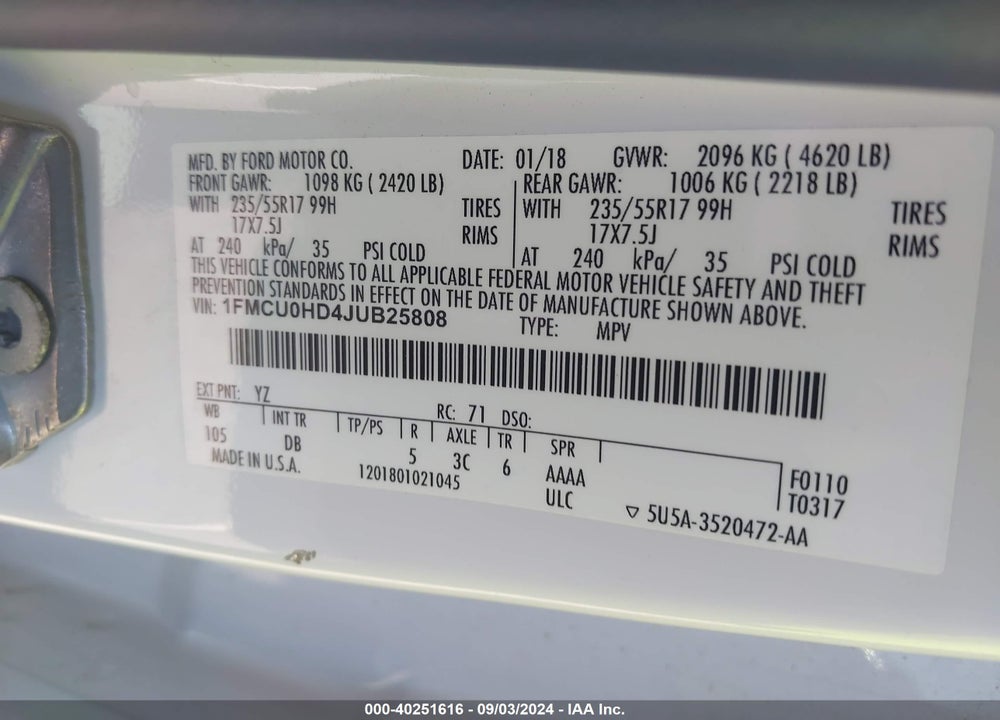 2018 FORD ESCAPE SEL VIN: 1FMCU0HD4JUB25808