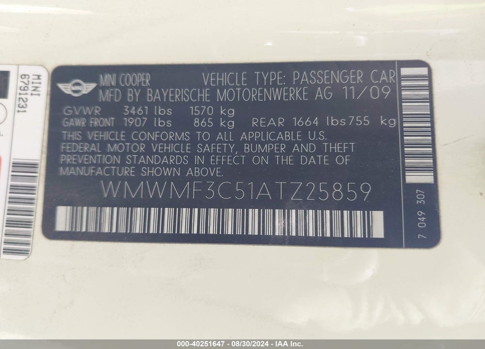 2010 MINI COOPER VIN: WMWMF3C51ATZ25859