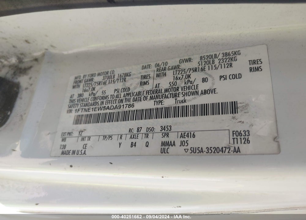 2010 FORD E-150 COMMERCIAL/RECREATIONAL VIN: 1FTNE1EW5ADA91786